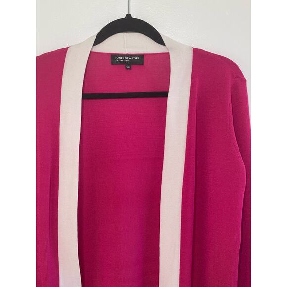 Jones New York Open Cardigan Jersey Long Sleeve Pink White Trim Women's Large - Picture 3 of 10